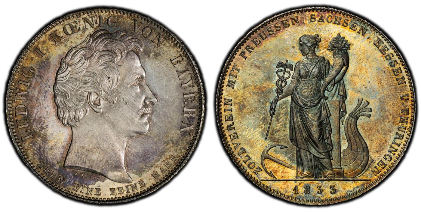 万国钱币拍卖第058期（万国新年大拍） PCGS MS64 1833巴伐利亚路德维希一世关税同盟历史大泰勒 在历史泰勒四枚关税同盟系列中好品最为罕见的品种 人格化的巴伐利亚女神着一席长袍 左手举丰饶角 右手持墨丘利权杖 寓意新的关税同盟带来贸易与财富 双面厚重油画五彩 顶级典藏品质