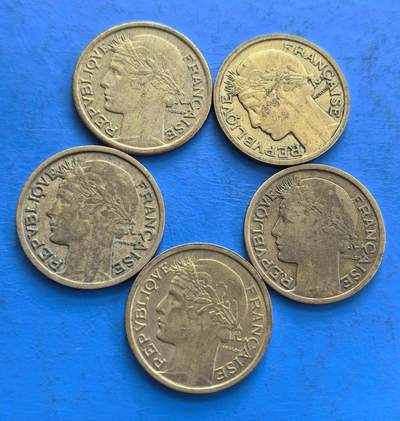 外国优质老铜币高银银币，周六九点倒数截拍，满百包邮，持续收拍 - 法国1934年-1941年2法郎铜币5枚