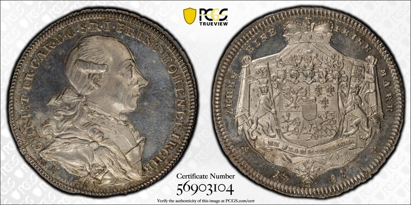 万国钱币拍卖第058期（万国新年大拍） PCGS MS63PL 1781年德国霍恩洛赫·基尔贝格里斯蒂安·弗里德里希·卡尔双狮护盾大泰勒 施瓦巴赫造币厂铸 来自18世纪末德国顶级铸币工艺 类精制镜面喷砂质感极强 高浮雕人像跃然于币面  高点细节令人惊叹 实物上手惊艳的一枚 绝对不可多得的顶级小邦泰勒藏品 PC唯一冠军分