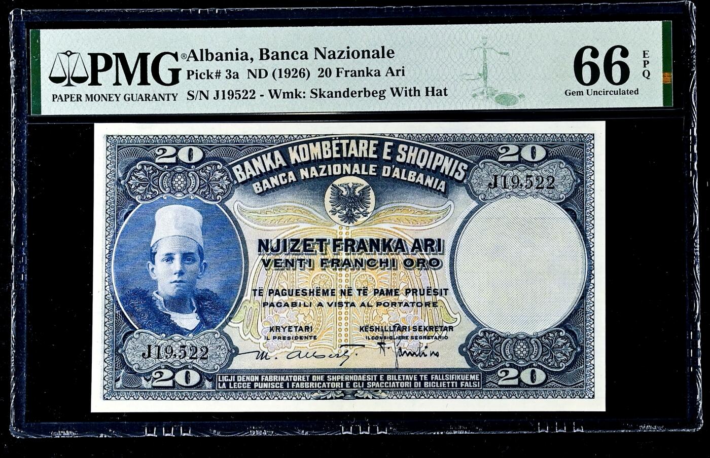 【Blue Auction】世界纸币精拍第770期——18级TOP拍卖/信誉/品质/专业/高效💫 【仅1张更高分 唯一亚军高分实钞罕见 第一套纸币p3a 无47】阿尔巴尼亚 1926年20franka Ari PMG66EPQ 小国王 人像雕刻精美 背面大场景风景让人心醉 该套短暂流通 值得收藏