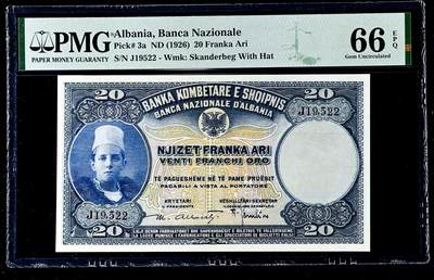 【Blue Auction】世界纸币精拍第770期——18级TOP拍卖/信誉/品质/专业/高效💫 - 【仅1张更高分 唯一亚军高分实钞罕见 第一套纸币p3a 无47】阿尔巴尼亚 1926年20franka Ari PMG66EPQ 小国王 人像雕刻精美 背面大场景风景让人心醉 该套短暂流通 值得收藏