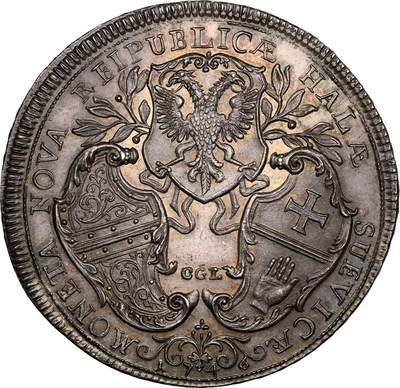 万国钱币拍卖第058期（万国新年大拍） NGC MS63 1746年神圣罗马帝国时期哈尔自由市三盾徽大泰勒 发行量仅800枚的神罗大泰勒 正面人像为时任神罗皇帝的弗朗西斯一世 同时也是玛利亚特蕾莎的丈夫 背面为设计独特的哈尔自由市三盾徽 领先于时代的顶级工艺 高浮雕质感跃然币面 光线下显现出的醇厚玫瑰色调欧陆包浆令人着迷