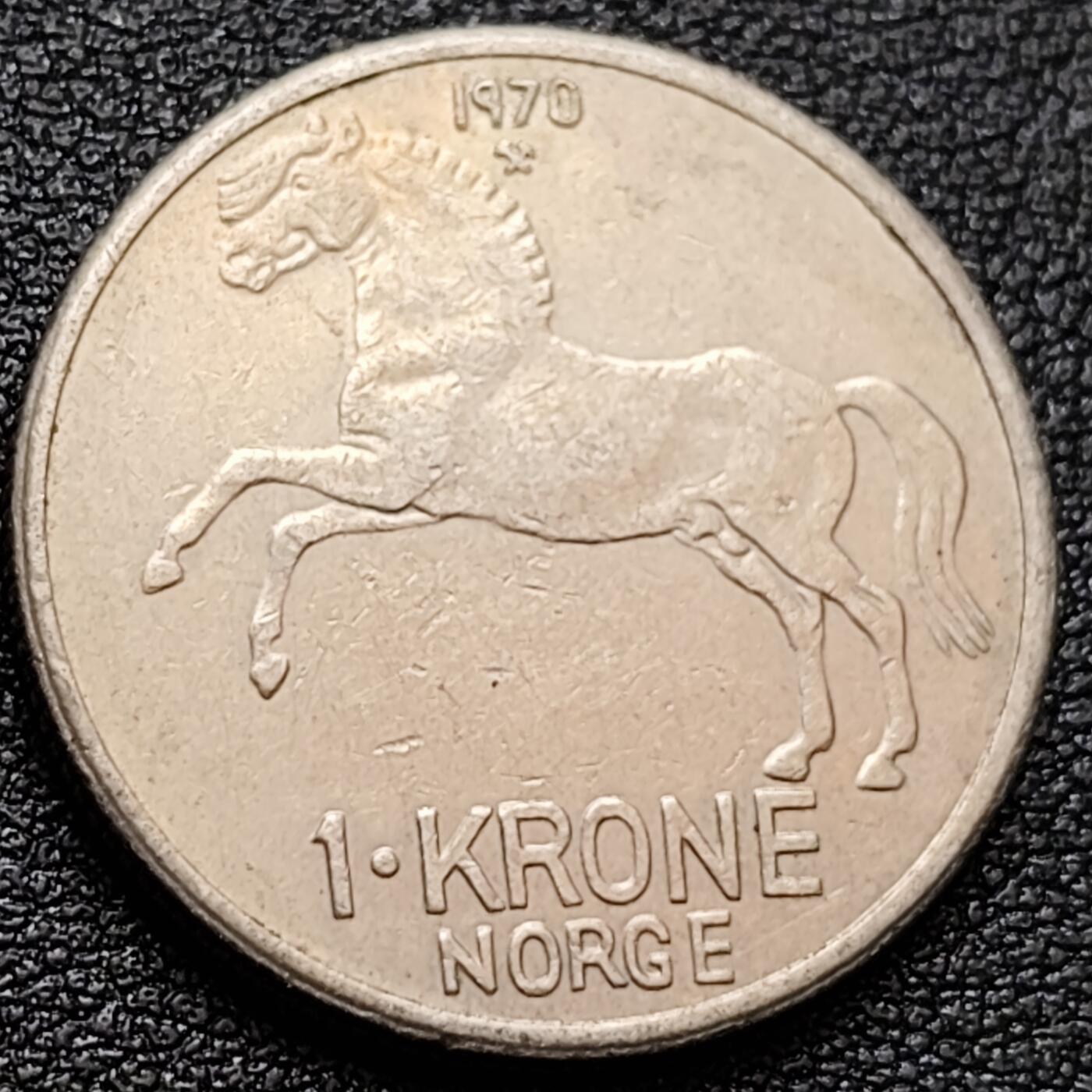 泉币菌-第157场-跨年欢乐场（特修改截拍时间为23:30分） 骏马奔马 1970挪威1克朗 銅镍币 25毫米7克 奥拉夫五世