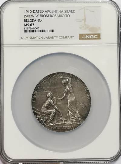 博洋堂“岁启嘉年”2026新年精品大拍专场暨第155期（全场包邮） - NGC MS62 阿根廷1910年铁路开通纪念。58mm超大银章，背面是铁路开通路线及站台街景。