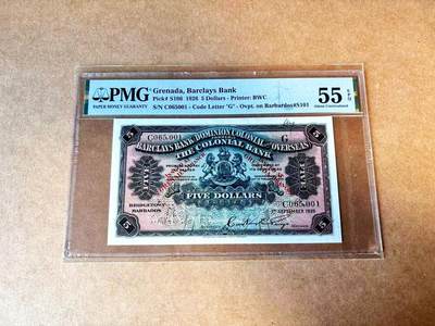 【Blue Auction】世界纸币精拍第770期——18级TOP拍卖/信誉/品质/专业/高效💫 - 【唯一记录&唯一冠军分 克劳斯无定价 标了Rare 无47兑付后打孔实钞】英属格林纳达 1926年5元 BWC出品 巴克莱银行(BarclaysBank) 发行 存世量非常少 PMG55EPQ 原票 值得收藏 （注：巴克莱银行是位于汇丰银行和苏格兰皇家银行之后的英国第三大银行，历史可追溯到1690年，1926年发行该纸币流通于英属东加勒比地区，正面右上角加盖不同字母代表不同国家）