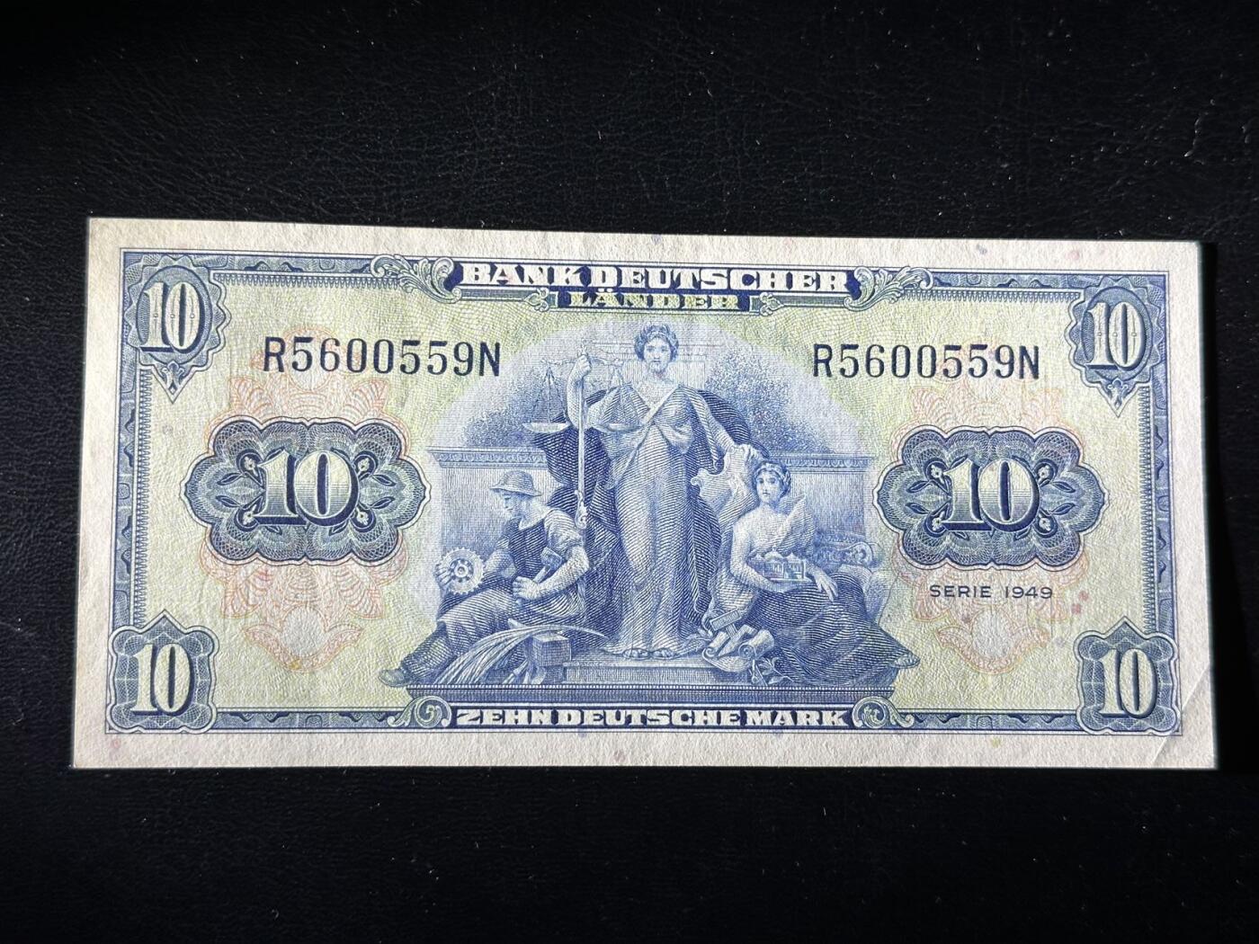 九十九场（喜迎元旦） 联邦德国1949年10马克美钞版无47 ！品相au。板子很好！