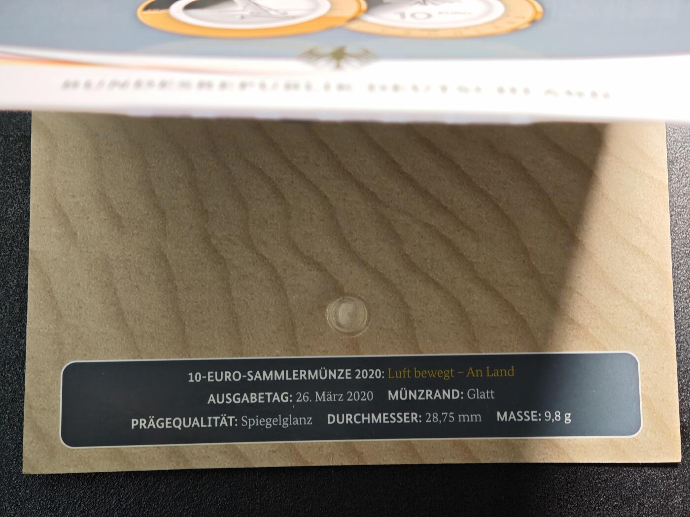 【德藏】世界币章拍卖第160期  2020年 德国滑翔机聚合环10欧元镍币 原册 直径约：28.75mm；重约：9.8g