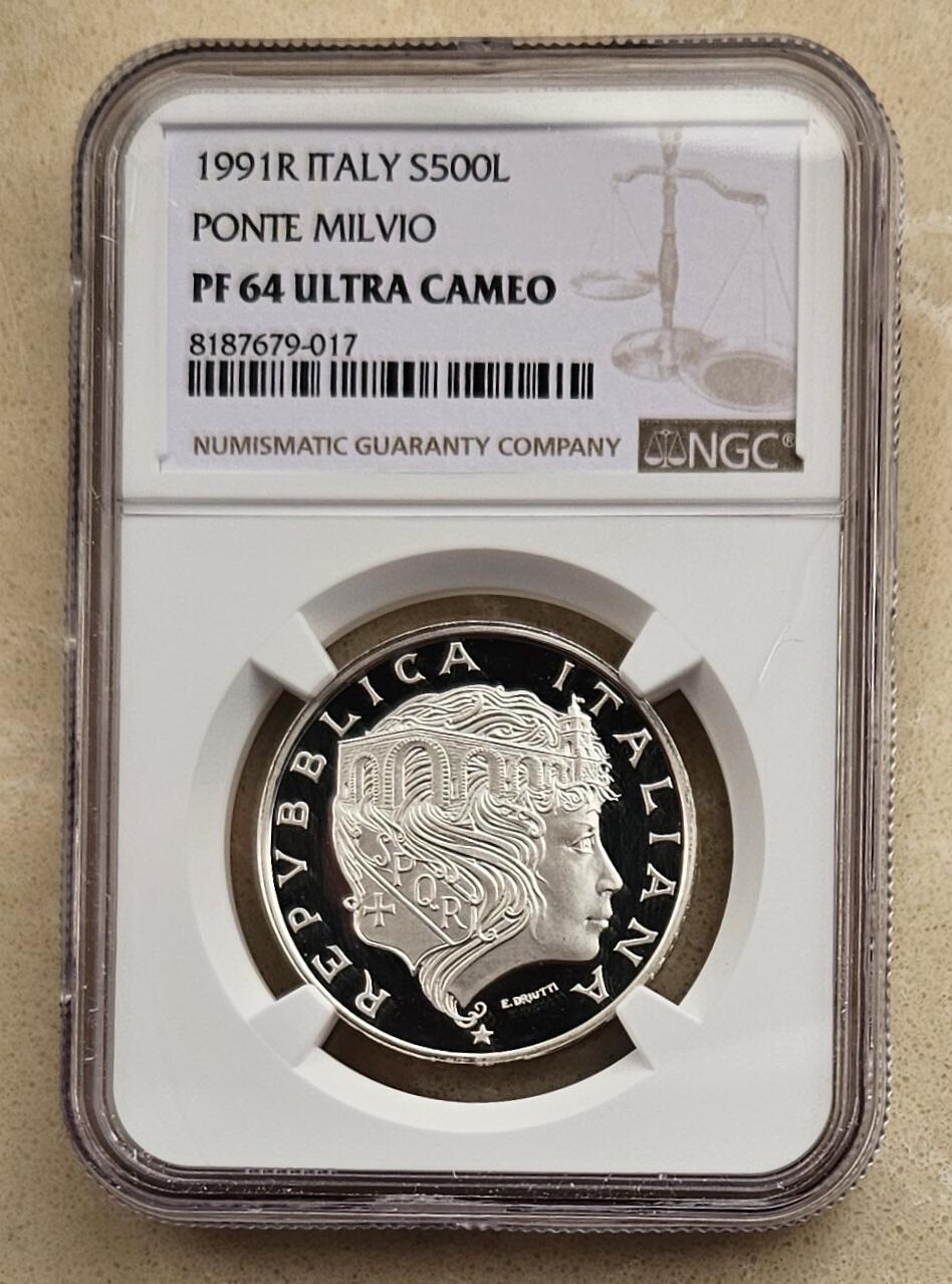 【币将精彩】世界钱币拍卖（2026-1-7） 克劳斯获奖币意大利1991年米尔维奥桥精制银币NGC评级币肉眼无瑕疵不知何故低评