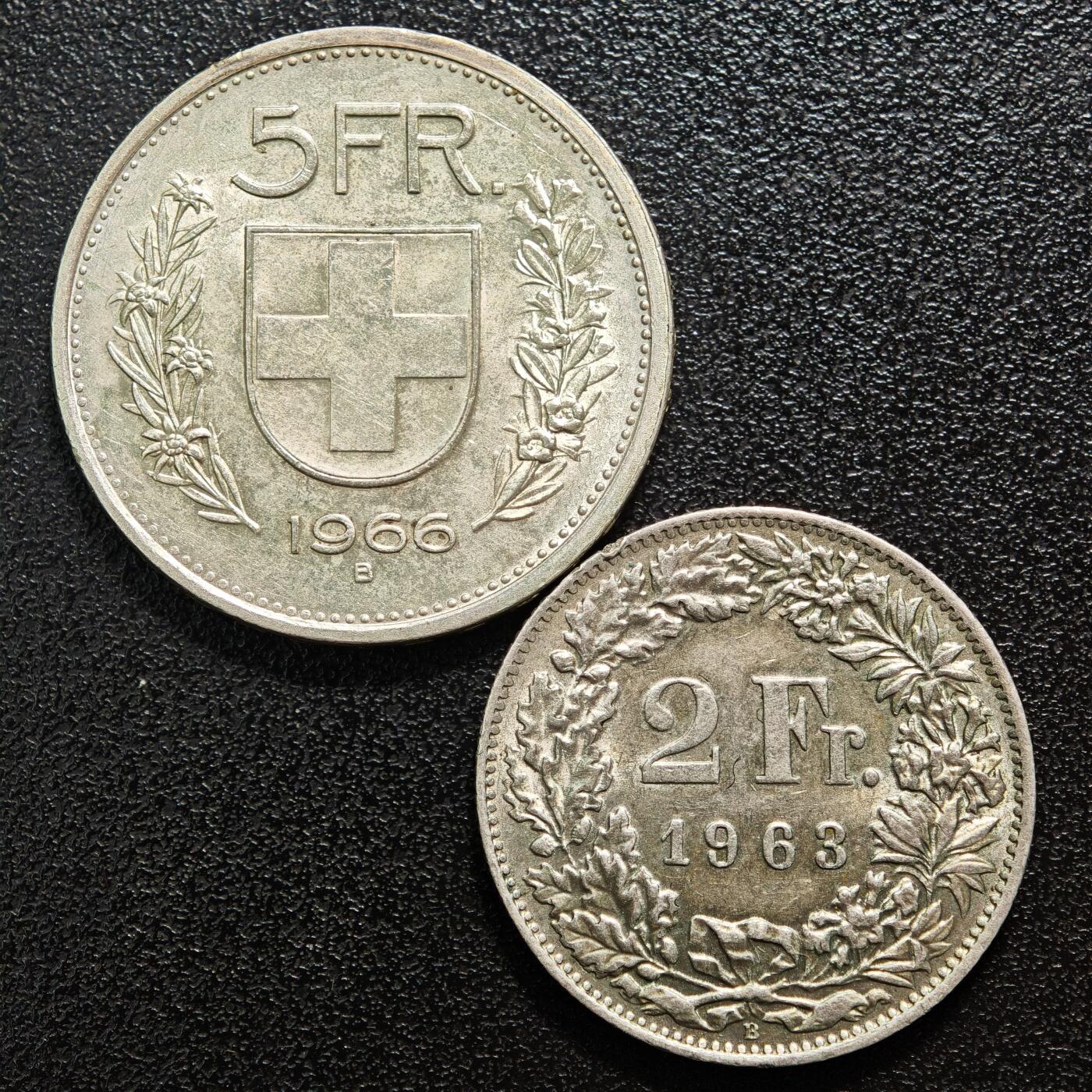 【德藏】世界币章拍卖第160期 2枚一组 1966、1963年 瑞士5法郎及2法郎银币 直径约：31.2mm，27.3mm；重约：14.9g，10g