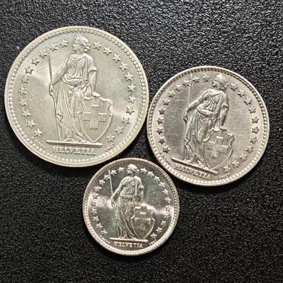 【德藏】世界币章拍卖第160期 - 3枚一组 瑞士1/2、1、2法郎银币 详细尺寸请看拍品介绍