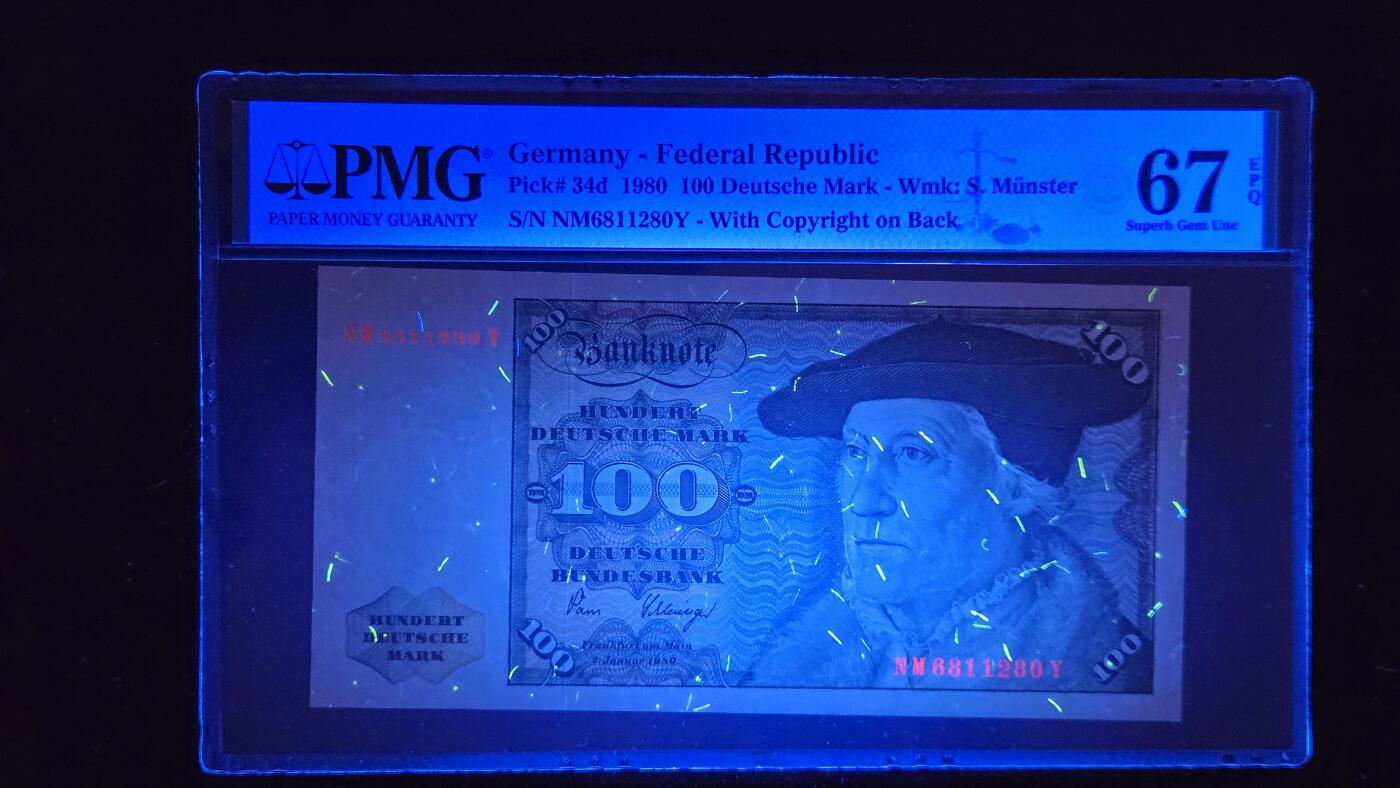 听雨轩（五十二） 德国100马克 pmg67 稀少朦胧号 德国画家安贝格  的作品塞巴斯琴·明斯特 1980