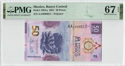 小福收藏拍卖第198期 评级币精选场  本期有菲律宾百位靓号100000比索超大纪念钞 苏里南25000盾花鸟版最高值 柬埔寨珍品56年50瑞尔 南越未发行版最高值打飞机  巴哈马彩背 老挝中国代印57年样钞 匈牙利 斯洛伐克 法罗群岛等多国精美高分珍稀老钞精品纸币 - 墨西哥 2021年 50比索 IBNS获奖钞 塑料钞 AA冠 无47 双尾 PMG67 EPQ