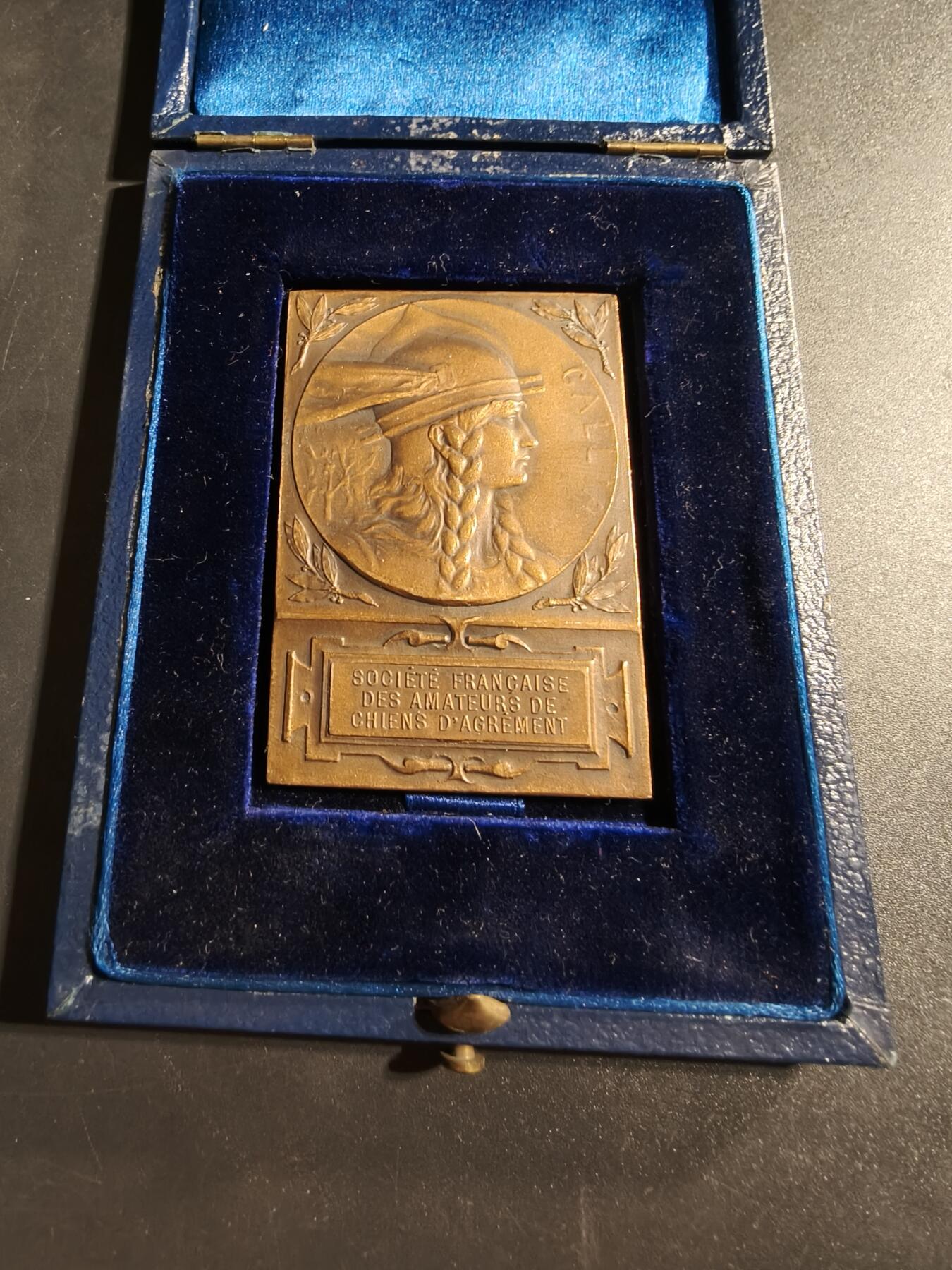 老王徽章第173期 法国宠物犬爱好者协会方形大铜章     原盒      正面为高卢人形象，大师Dropsy作品      尺寸38×56mm     重量49.3g