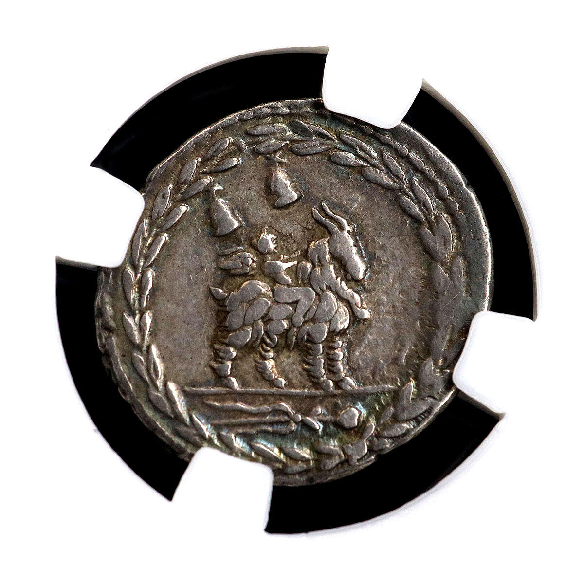 古罗马健康之神和小爱神丘比特骑羊图银币凝绿轩欧洲古代钱币首饰b23-5