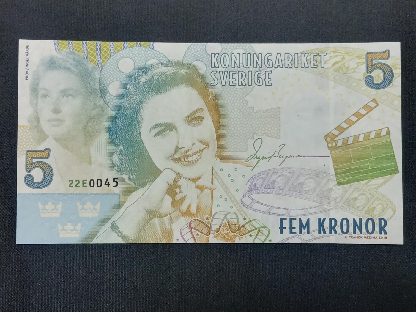 【游宝包邮场】蛇年第104期  瑞典测试钞-5克朗【英格丽·褒曼纪念券 全新UNC】
