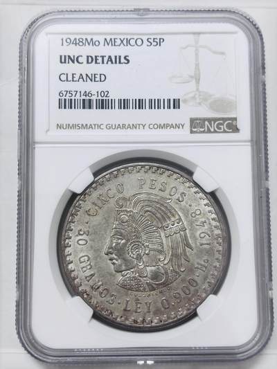 文馨钱币收藏 迎新纳福2026新年第一场（第 287 场）金银老铜币拍卖 - NGC 评级 UNCD1948 年墨西哥 印第安人 5 比索大银币 30 克 900 高银，只发行两年时间，关门版，原味包浆底板干净