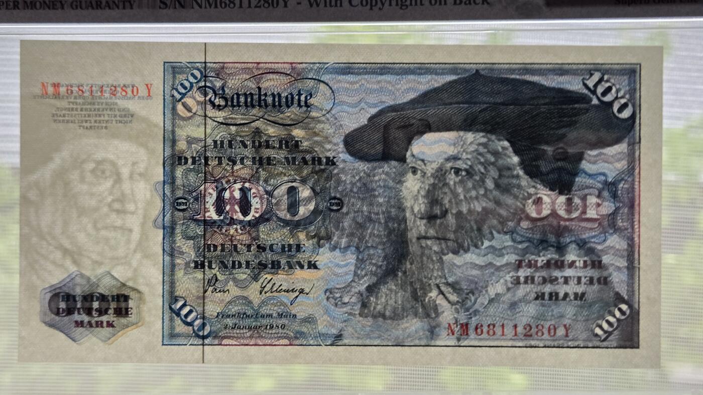 听雨轩（五十二） 德国100马克 pmg67 稀少朦胧号 德国画家安贝格  的作品塞巴斯琴·明斯特 1980