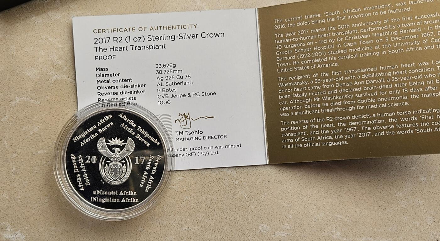 【币将精彩】世界钱币拍卖（2026-1-7） 克劳斯获奖币南非2017年心脏移植手术1盎司银币带证书包装