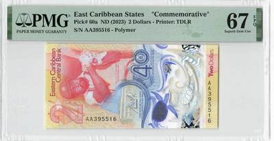 小福收藏拍卖第198期 评级币精选场  本期有菲律宾百位靓号100000比索超大纪念钞 苏里南25000盾花鸟版最高值 柬埔寨珍品56年50瑞尔 南越未发行版最高值打飞机  巴哈马彩背 老挝中国代印57年样钞 匈牙利 斯洛伐克 法罗群岛等多国精美高分珍稀老钞精品纸币 - 东加勒比 2023年 2元 塑料纪念钞 IBNS获奖钞 AA冠 无47 PMG67 EPQ