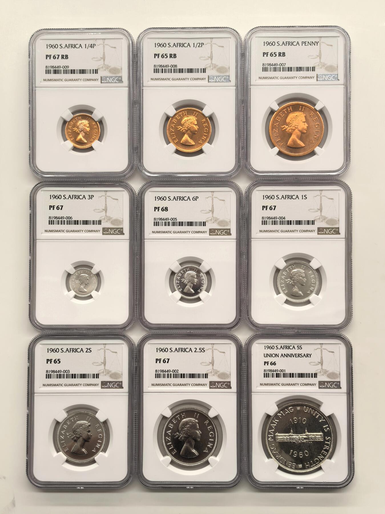 博洋堂“岁启嘉年”2026新年精品大拍专场暨第155期（全场包邮） NGC PF65-68 英属南非1960年议会成立50周年纪念套币 伊丽莎白二世 5先令~1/4便士 6银3铜 南非最后一套青年女王肖像精制套币 次年改为10进制版本 全套难得高分好品相 铜币尤为出彩 呈现媲美出厂的纯正紫铜原光 品相被严重低估 原配绒布盒完整保存 全套集齐 无需费力凑配 套币藏家不容错过