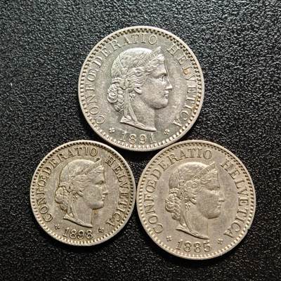 【德藏】世界币章拍卖第160期 - 3枚一组 瑞士5、10、20生丁镍币 详细尺寸请看拍品介绍