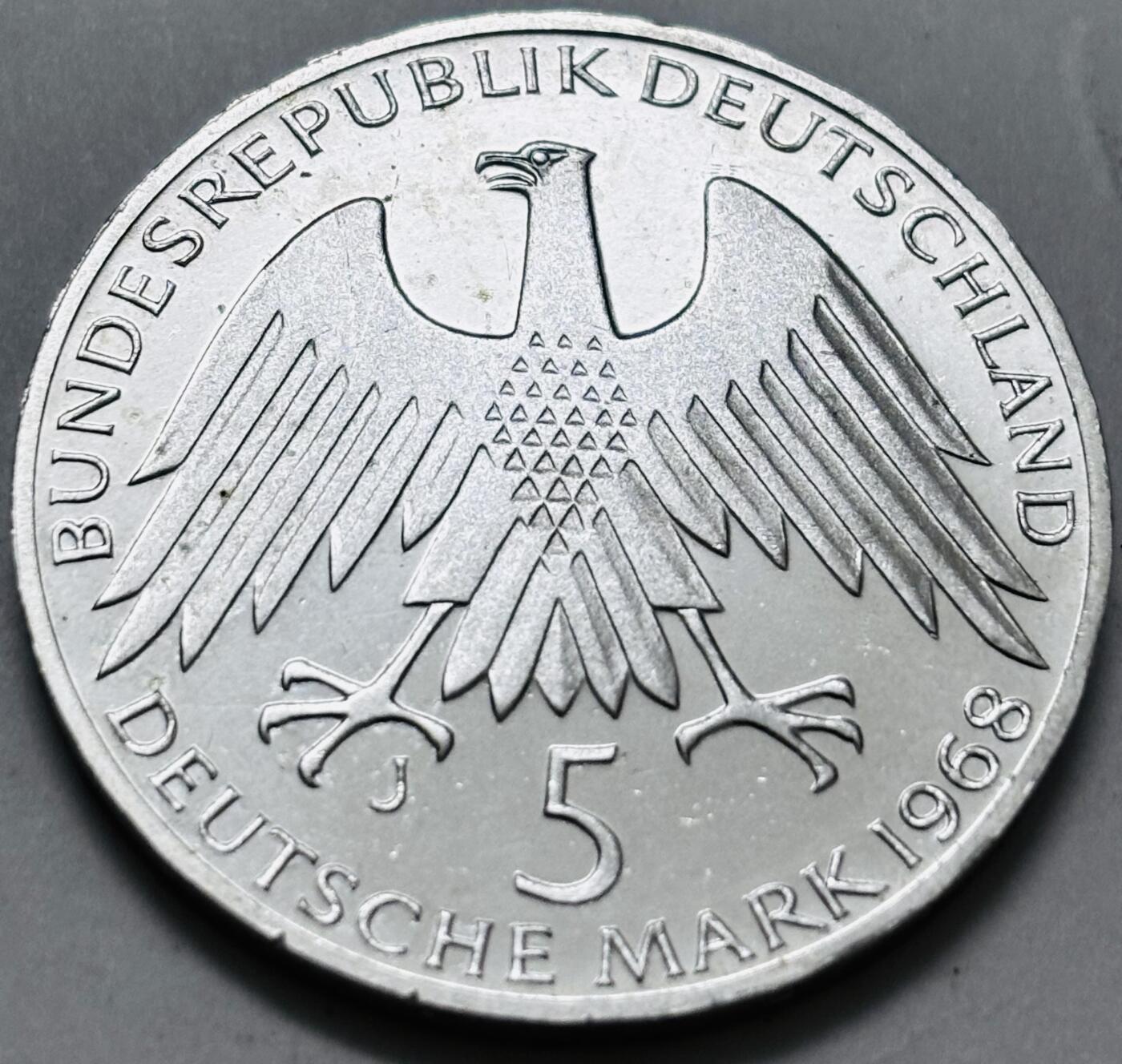 文馨钱币收藏 迎新纳福2026新年第一场（第 287 场）金银老铜币拍卖 全新德国1968年5马克纪念银币J版 费雷德里茨威廉汉姆，11.2 克 625 银