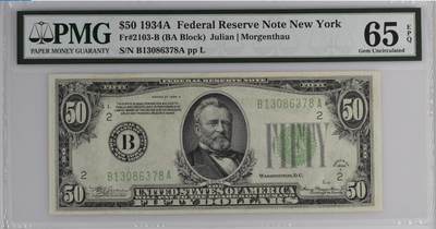 【礼羽收藏】🌏世界钱币拍卖第118期 - 1934A年 联邦储备券 50美金 纽约分区首发BA冠 号码无4 PMG老壳严评高分65EPQ