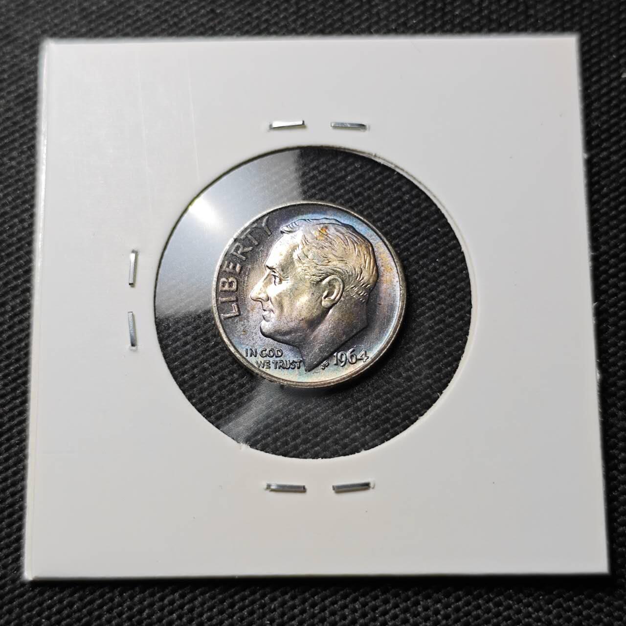 KK钱币收藏小铺 《套币 好品/批量散币专场》  2月预留时间 周末发货   1964美国10分银币 带彩漂亮 好品