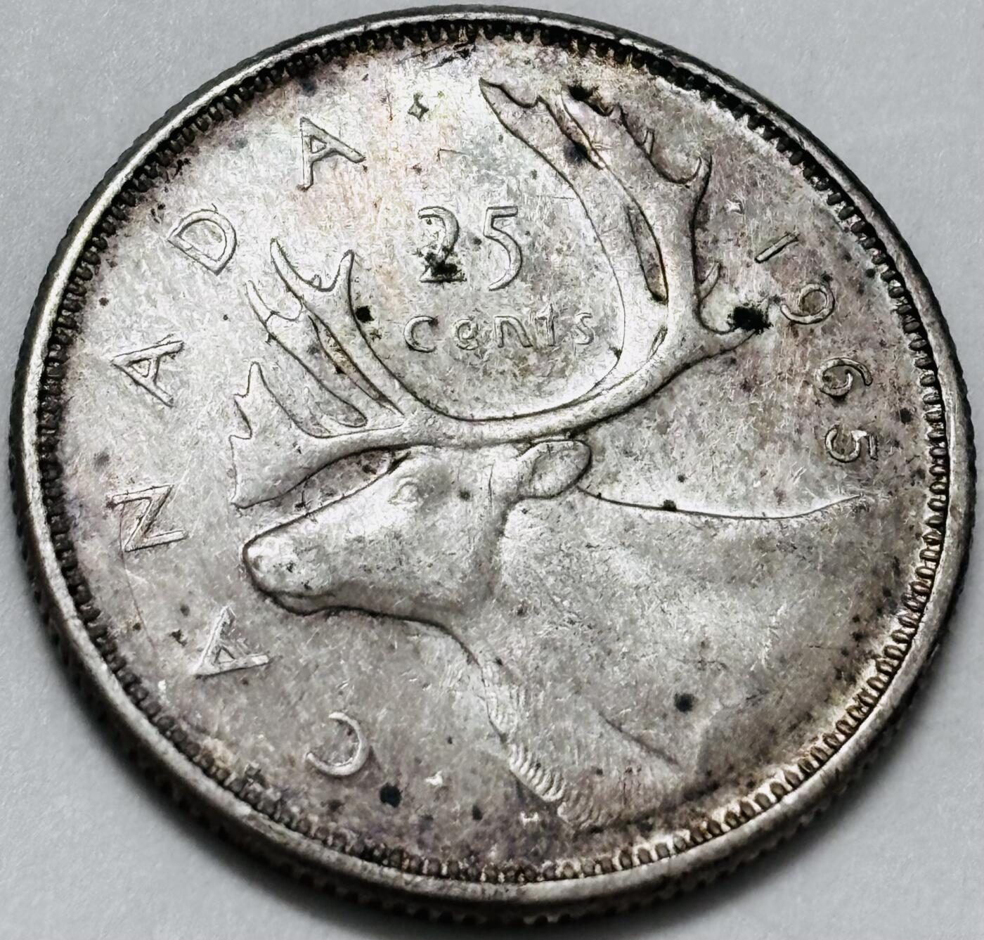 文馨钱币收藏 迎新纳福2026新年第一场（第 287 场）金银老铜币拍卖 带光美品 1965 年英属加拿大 25 分银币，第二版本只发行两年，首发年，5.83 克 800 高银