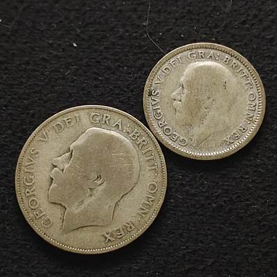 【全场包邮】纯粹捡漏拍490场（免费代拍第27场） - 英国乔治五世6便士+1先令银币2枚（共8.46克）一组