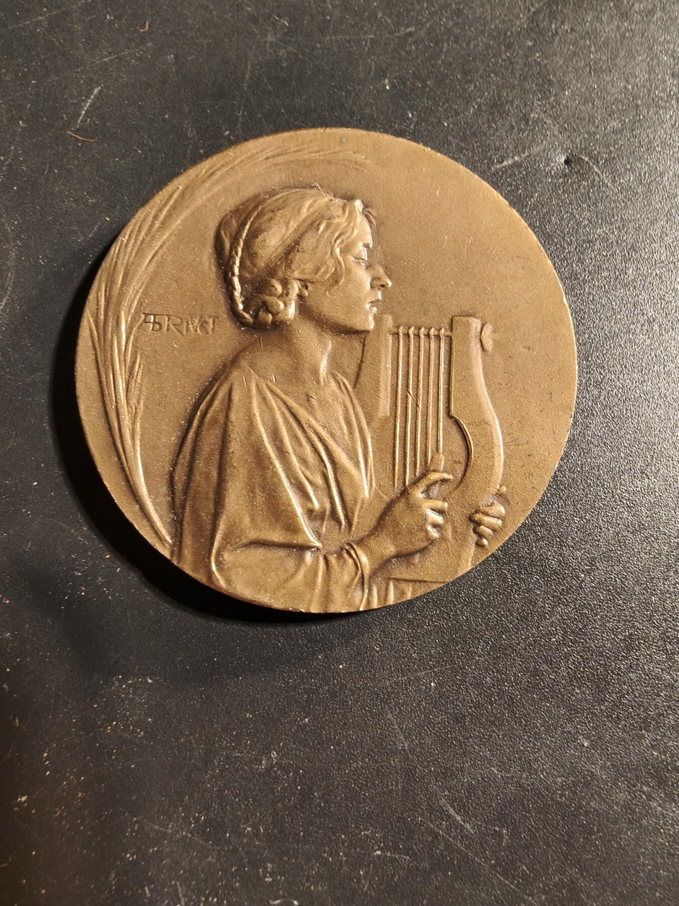 老王徽章第173期 法国中央音乐协会大铜章     原盒     大师里维特作品    直径41mm     重量30g