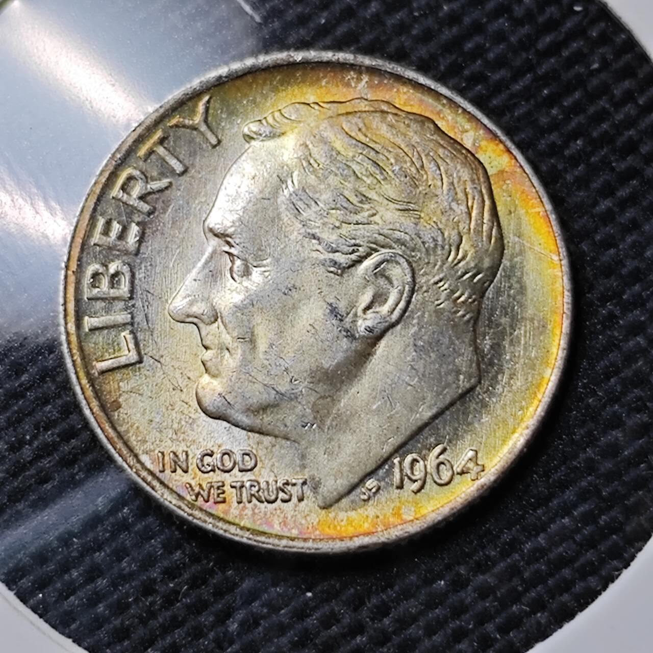 KK钱币收藏小铺 《套币 好品/批量散币专场》  2月预留时间 周末发货   1964美国10分银币 带彩漂亮 好品