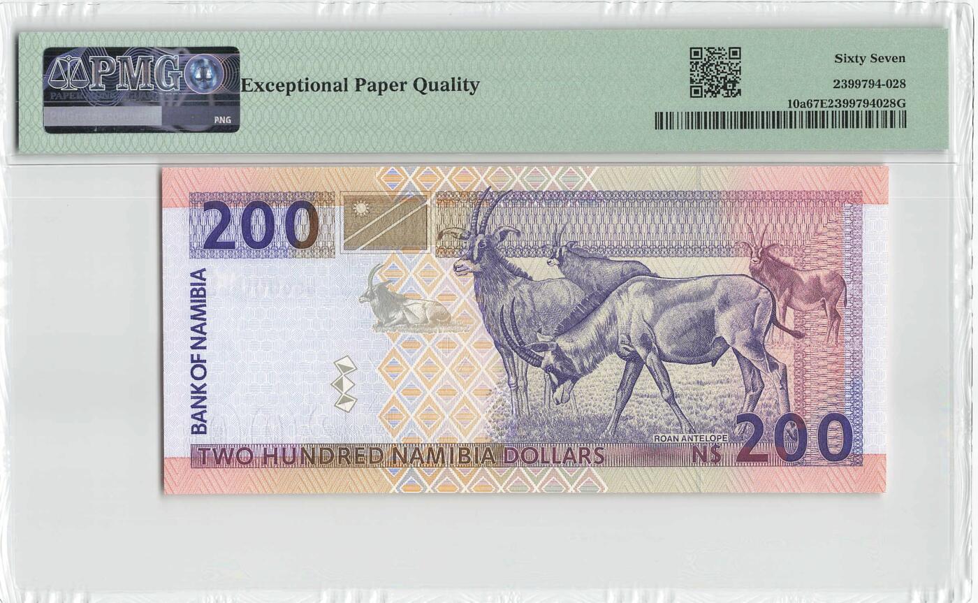 小福收藏拍卖第198期 评级币精选场  本期有菲律宾百位靓号100000比索超大纪念钞 苏里南25000盾花鸟版最高值 柬埔寨珍品56年50瑞尔 南越未发行版最高值打飞机  巴哈马彩背 老挝中国代印57年样钞 匈牙利 斯洛伐克 法罗群岛等多国精美高分珍稀老钞精品纸币 纳米比亚 1996年 200元 最高值 老版 U首冠 倒置小号0000019号 PMG67 EPQ 亚军分