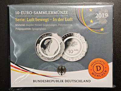 【德藏】世界币章拍卖第160期 - 2019年 德国滑翔伞聚合环10欧元镍币 原册 直径约：28.75mm；重约：9.8g