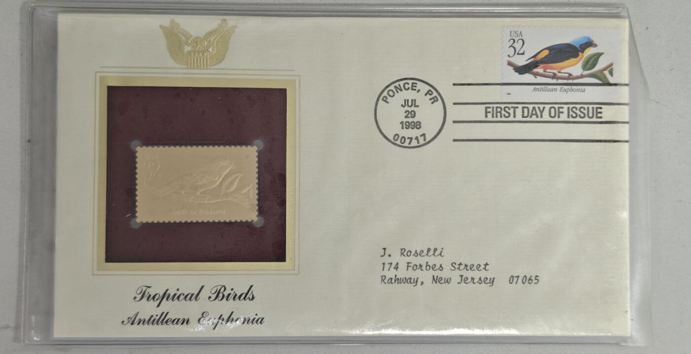 瓶子🏺第224期拍卖会   1998美国首日封带金箔邮票  珍稀鸟类