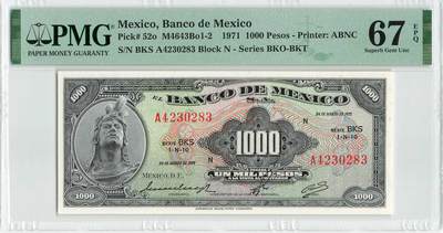 小福收藏拍卖第198期 评级币精选场  本期有菲律宾百位靓号100000比索超大纪念钞 苏里南25000盾花鸟版最高值 柬埔寨珍品56年50瑞尔 南越未发行版最高值打飞机  巴哈马彩背 老挝中国代印57年样钞 匈牙利 斯洛伐克 法罗群岛等多国精美高分珍稀老钞精品纸币 - 墨西哥 1971年 1000比索 难评分品种 A冠 PMG67 EPQ