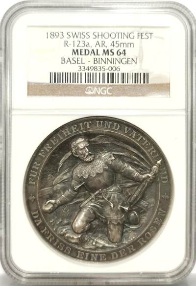 博洋堂“岁启嘉年”2026新年精品大拍专场暨第155期（全场包邮） - NGC MS64 1893年瑞士巴塞尔州射击节银章，直径45mm，稀少品种，高浮雕极为传神，包浆状态颇佳