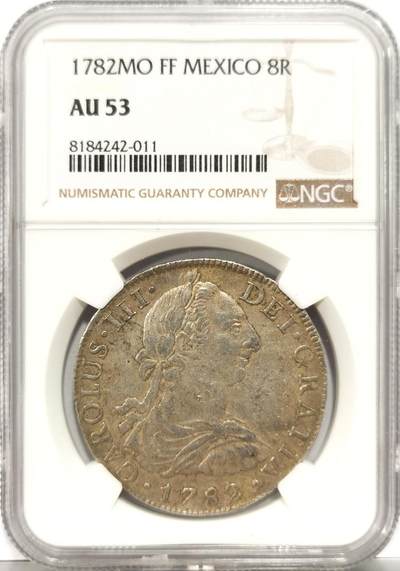 博洋堂“岁启嘉年”2026新年精品大拍专场暨第155期（全场包邮） - NGC AU53 西属墨西哥1782年MO FF卡洛斯三世人像双柱，双面深打带底光，细节清晰无铸缺，状态比不少更高分的卡三双柱都好。卡三双柱近年来非常热门，好品量又少，价格逐年攀升。这枚币低评了，高性价比值得入手。