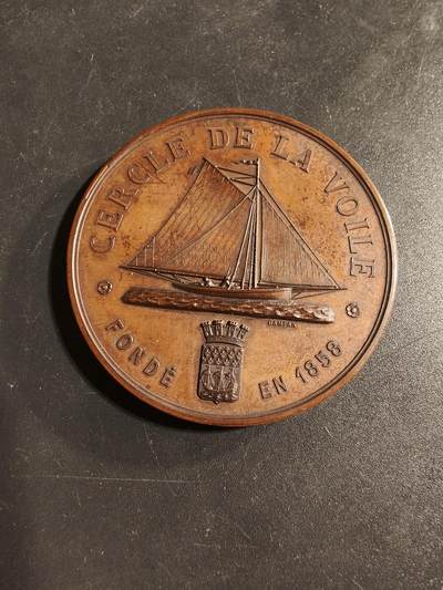 老王徽章第173期 - 法国1858年巴黎帆船俱乐部大铜章    Cuivre铜标    直径50mm     重量63.4g