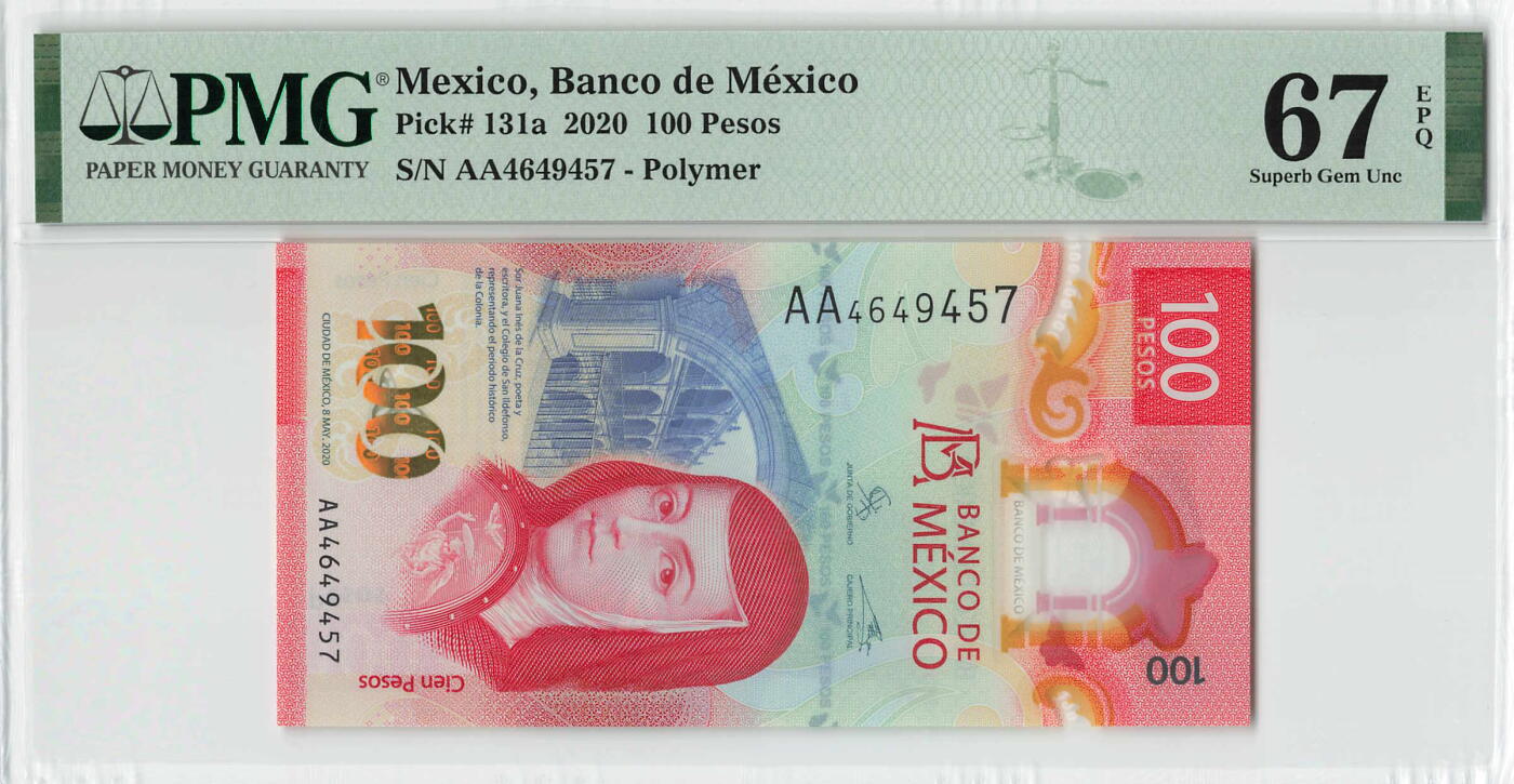 小福收藏拍卖第198期 评级币精选场  本期有菲律宾百位靓号100000比索超大纪念钞 苏里南25000盾花鸟版最高值 柬埔寨珍品56年50瑞尔 南越未发行版最高值打飞机  巴哈马彩背 老挝中国代印57年样钞 匈牙利 斯洛伐克 法罗群岛等多国精美高分珍稀老钞精品纸币 墨西哥 2020年 100比索 塑料钞 IBNS获奖钞 AA冠 修女胡安娜 PMG67 EPQ