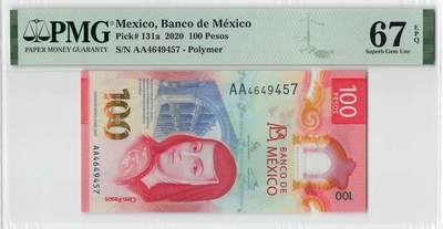 小福收藏拍卖第198期 评级币精选场  本期有菲律宾百位靓号100000比索超大纪念钞 苏里南25000盾花鸟版最高值 柬埔寨珍品56年50瑞尔 南越未发行版最高值打飞机  巴哈马彩背 老挝中国代印57年样钞 匈牙利 斯洛伐克 法罗群岛等多国精美高分珍稀老钞精品纸币 - 墨西哥 2020年 100比索 塑料钞 IBNS获奖钞 AA冠 修女胡安娜 PMG67 EPQ