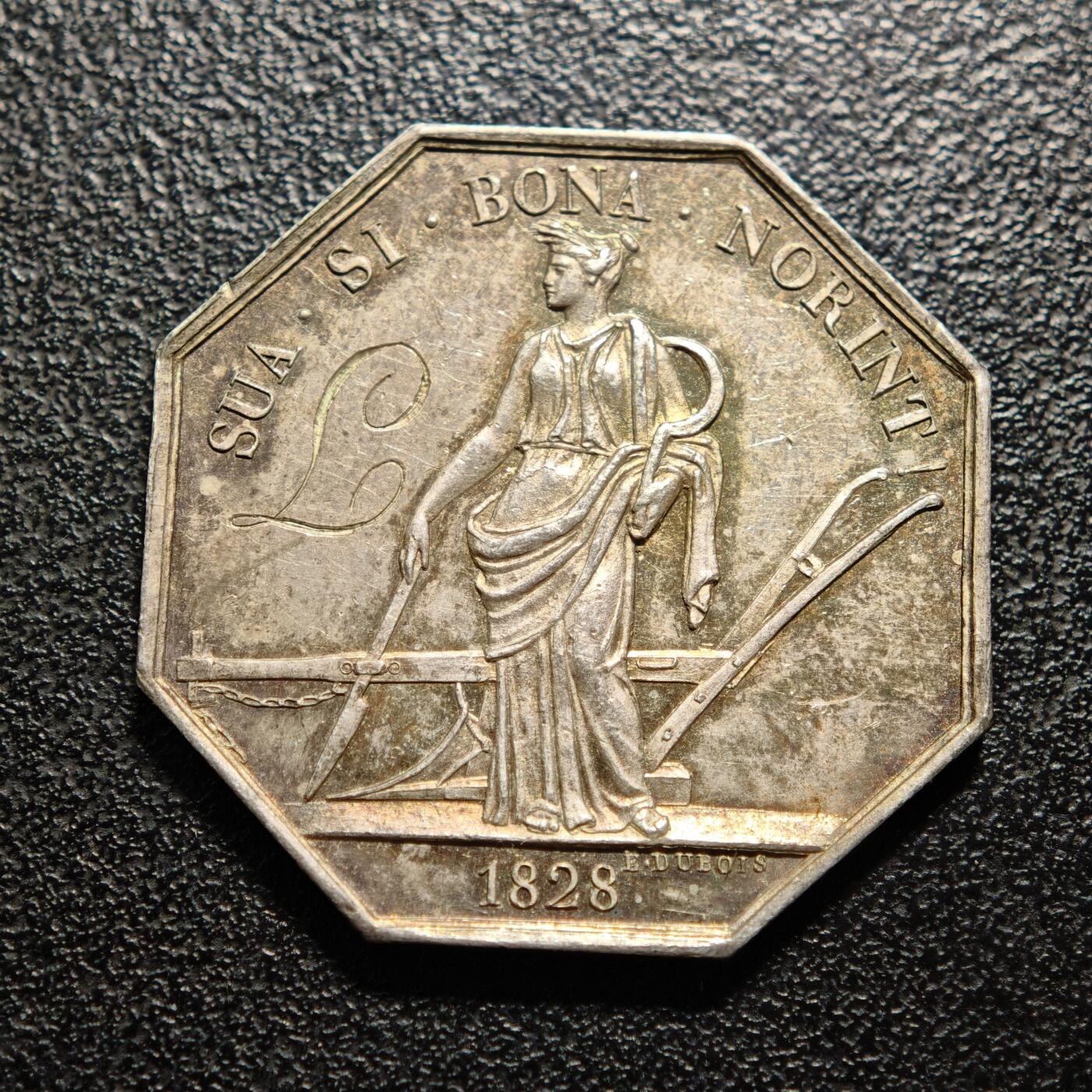 【德藏】世界币章拍卖第160期 1828年 法国卢瓦尔河农业部八角银章代用币 黄油彩包浆 状态极佳  直径约：30mm；重约：10.4g