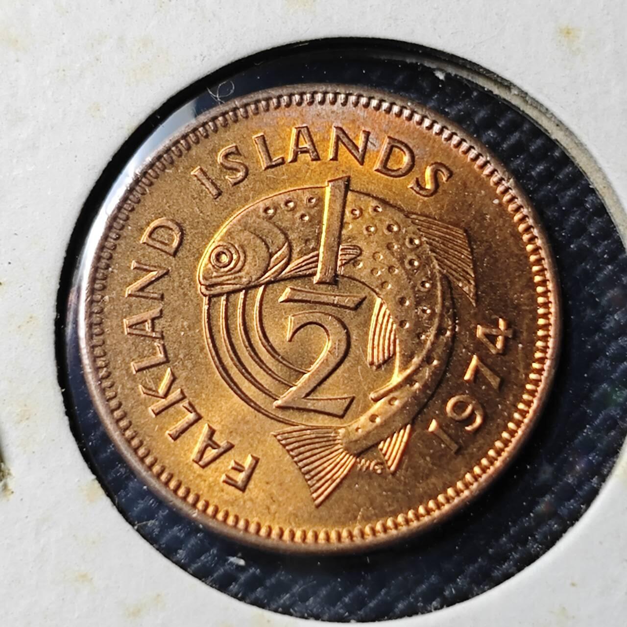 KK钱币收藏小铺 《套币 好品/批量散币专场》  2月预留时间 周末发货  1974福克兰群岛1/2便士铜币 好品