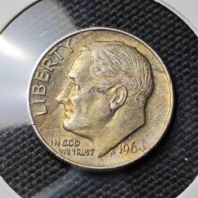 KK钱币收藏小铺 《套币 好品/批量散币专场》  2月预留时间 周末发货 -  1964美国10分银币 带彩漂亮 好品