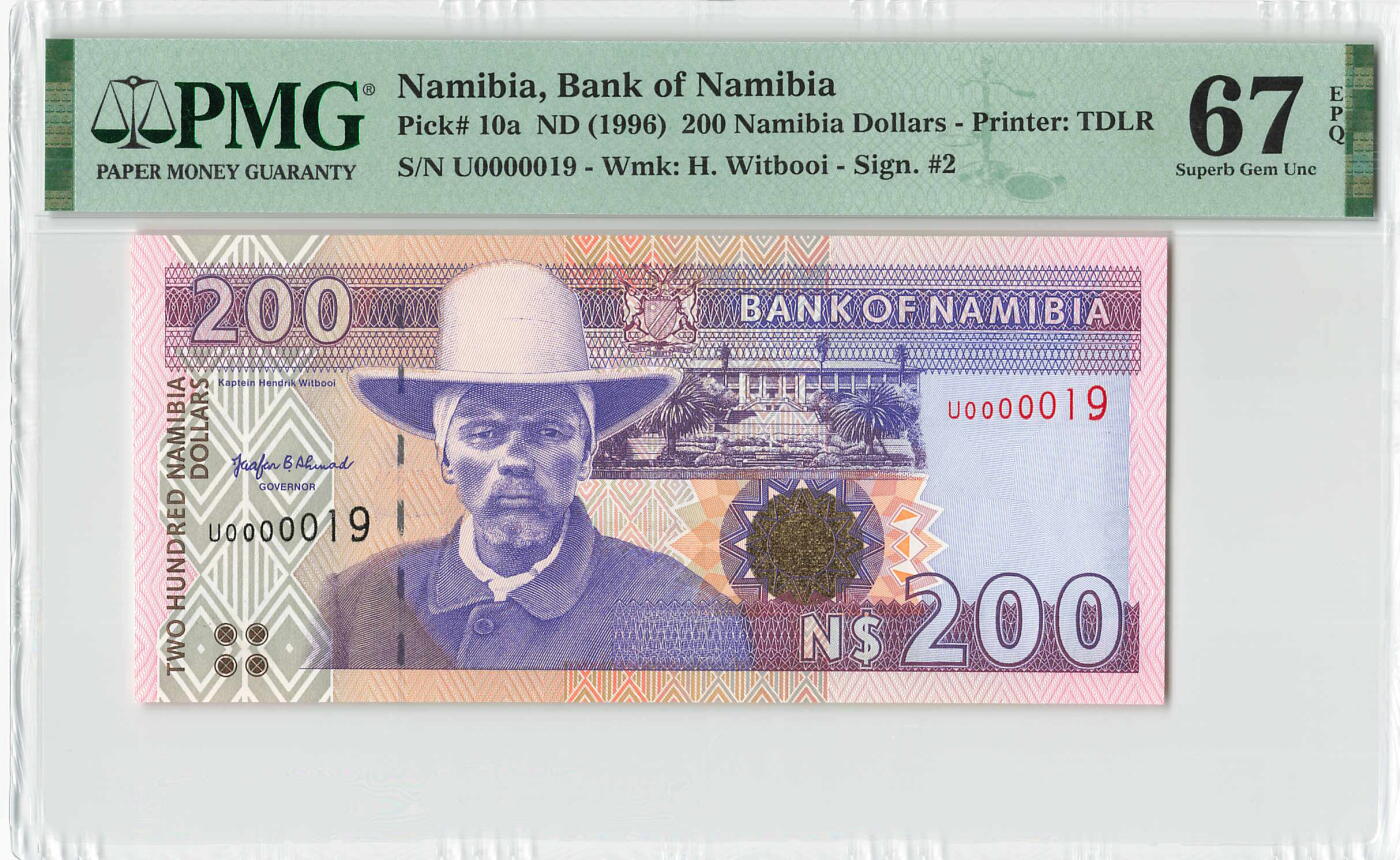 小福收藏拍卖第198期 评级币精选场  本期有菲律宾百位靓号100000比索超大纪念钞 苏里南25000盾花鸟版最高值 柬埔寨珍品56年50瑞尔 南越未发行版最高值打飞机  巴哈马彩背 老挝中国代印57年样钞 匈牙利 斯洛伐克 法罗群岛等多国精美高分珍稀老钞精品纸币 纳米比亚 1996年 200元 最高值 老版 U首冠 倒置小号0000019号 PMG67 EPQ 亚军分