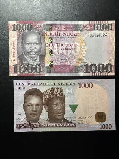 环球收藏集 - 尼日利亚和南苏丹1000，都是最大面额！品相unc-au
