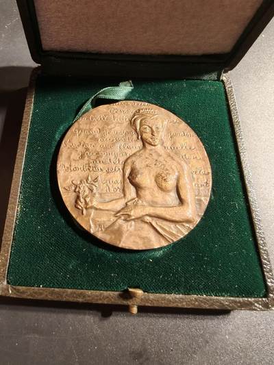 老王徽章第173期 - 法国阿扎勒里多城堡大铜章     原盒      高浮雕       正面描绘了一位裸体女性形象，配有法国著名诗人龙萨的《致玛丽的颂歌》     直径59mm      重量124.7g