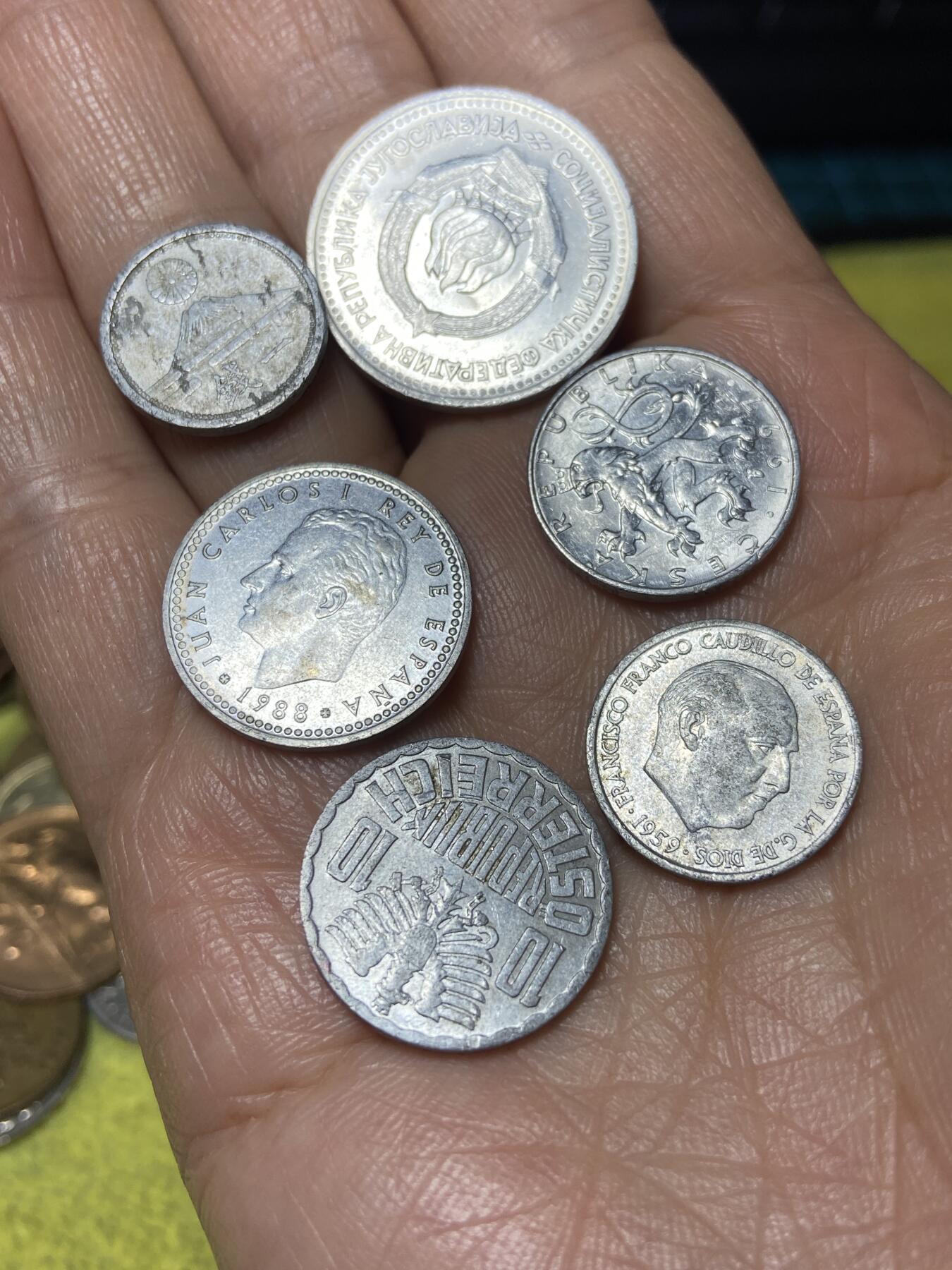 2026年第二场(总第一百七十一场）外国好品散币场(免佣金) 各国铝制散币6枚：南斯拉夫1963年5第纳尔，西班牙🇪🇸1988年1比塞塔，西班牙🇪🇸1959年10分，奥地利🇦🇹1964年10格罗申，日本1钱，捷克共和国50赫勒