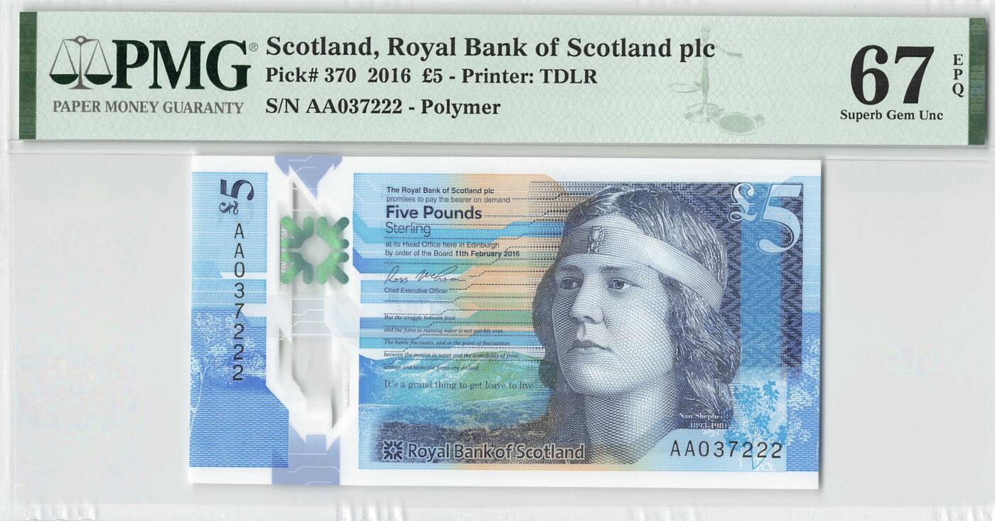 小福收藏拍卖第198期 评级币精选场  本期有菲律宾百位靓号100000比索超大纪念钞 苏里南25000盾花鸟版最高值 柬埔寨珍品56年50瑞尔 南越未发行版最高值打飞机  巴哈马彩背 老挝中国代印57年样钞 匈牙利 斯洛伐克 法罗群岛等多国精美高分珍稀老钞精品纸币 苏格兰 皇家银行 2016年 5镑 塑料钞 AA冠 豹子号222 PMG67 EPQ