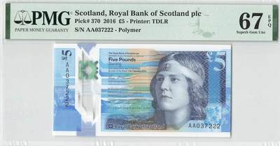 小福收藏拍卖第198期 评级币精选场  本期有菲律宾百位靓号100000比索超大纪念钞 苏里南25000盾花鸟版最高值 柬埔寨珍品56年50瑞尔 南越未发行版最高值打飞机  巴哈马彩背 老挝中国代印57年样钞 匈牙利 斯洛伐克 法罗群岛等多国精美高分珍稀老钞精品纸币 - 苏格兰 皇家银行 2016年 5镑 塑料钞 AA冠 豹子号222 PMG67 EPQ